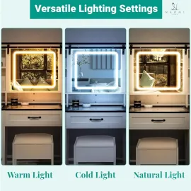 47 Farmhouse Makeup Vanity with Sliding Mirror, Glass Top Organizer, 3-Color LED Lights, Charging Station
