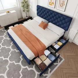 King Size Bed Frame with 4 Storage Drawers and Adjustable Headboard, Faux Leather Upholstered Platform, Customized