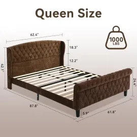 Sleigh Queen Bed Frame with Wingback Headboard, Ch..