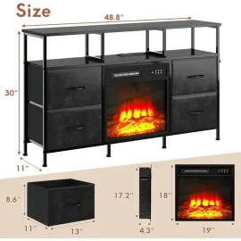 Fireplace TV Stand with 4 Fabric Drawers, TV Stand Dresser with Power Outlets and LED Lights, Fireplace Entertainment Center