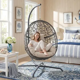 Oversized Hanging Egg Chair with Stand, Indoor Outdoor Grey Wicker Bird Cage Swing Chair, Patio Hammock Swinging, Customized