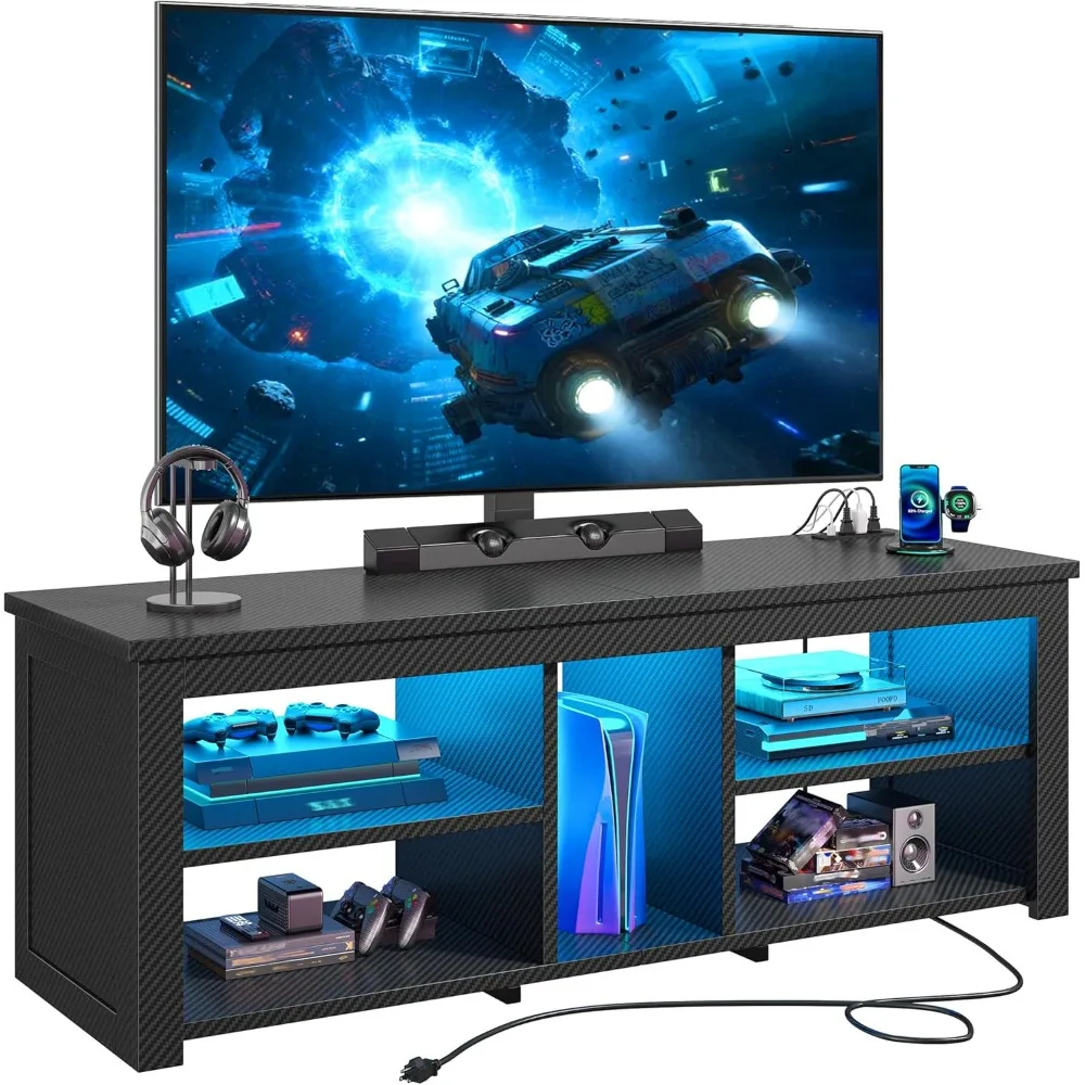 TV Stand with Mount and LED Lights Swivel TV Stand for 70 inch TV Modern Wood Entertainment Center with Power Outlet