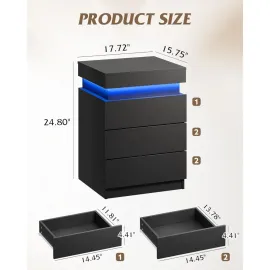 Black Nightstand with Charging Station & LED Lights, Modern Night Stand with 3 Drawers and Sliding Top, Bedside, Customized
