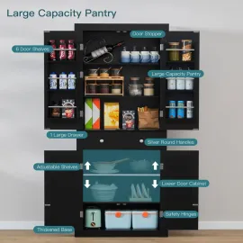 72” Kitchen Pantry Cabinet, Tall Storage Cabinet with 4 Doors and 1 Drawer, Freestanding Cupboard with 6 Hanging Shelves