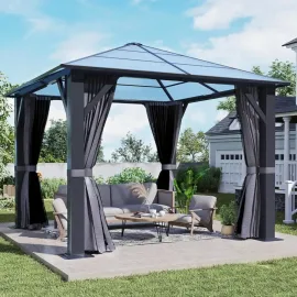 10'x10' Hardtop Gazebo, Outdoor Polycarbonate Roof Gazebo, Heavy Duty Metal Permanent Pavilion with Curtains & Netting