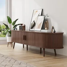 69 Mid Century Modern TV Stand with Power Outlet, Farmhouse Curved Edge TV and Media Console Table with Drawer
