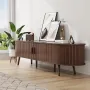 69 Mid Century Modern TV Stand with Power Outlet, Farmhouse Curved Edge TV and Media Console Table with Drawer
