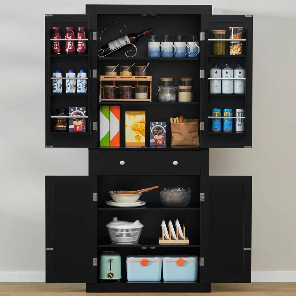 72” Kitchen Pantry Cabinet, Tall Storage Cabinet with 4 Doors and 1 Drawer, Freestanding Cupboard with 6 Hanging Shelves