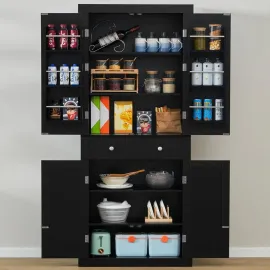 72” Kitchen Pantry Cabinet, Tall Storage Cabinet with 4 Doors and 1 Drawer, Freestanding Cupboard with 6 Hanging Shelves