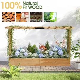 Raised Garden Bed with Trellis & Hanging Roof, Wooden Garden Bed, Outdoor Planter Box for Yard, Garden, Balcony, Customized