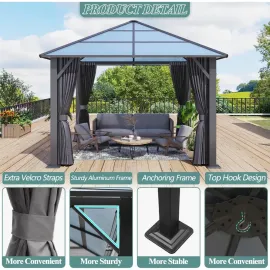 10'x10' Hardtop Gazebo, Outdoor Polycarbonate Roof Gazebo, Heavy Duty Metal Permanent Pavilion with Curtains & Netting