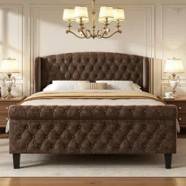 Sleigh Queen Bed Frame with Wingback Headboard, Ch..