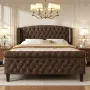 Sleigh Queen Bed Frame with Wingback Headboard, Chenille Upholstered Bed Frame Queen Size with Button Tufted Scroll, Customized