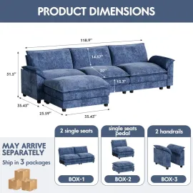 119 Modular Sectional Sofa, L Shaped Sofa Couch with Reversible Ottoman, DIY Combination Chenille Deep 3-Seat Cloud Couch