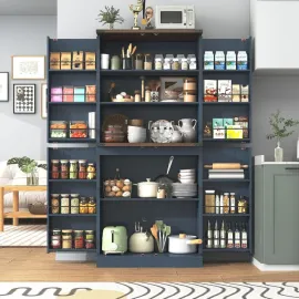 Farmhouse Kitchen Pantry Cabinet, 71 Tall Storage Cabinet with Adjustable Shelves & 4 Barn Doors & Drawer, Rustic Wood Cupboard