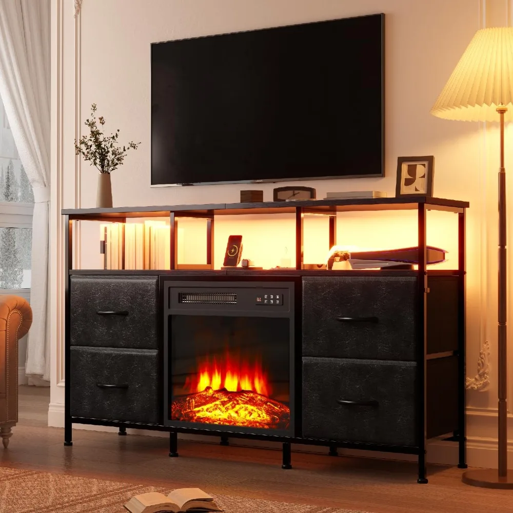 Fireplace TV Stand with 4 Fabric Drawers, TV Stand Dresser with Power Outlets and LED Lights, Fireplace Entertainment Center