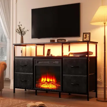 Fireplace TV Stand with 4 Fabric Drawers, TV Stand Dresser with Power Outlets and LED Lights, Fireplace Entertainment Center