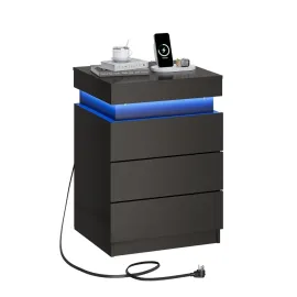 Black Nightstand with Charging Station & LED Lights, Modern Night Stand with 3 Drawers and Sliding Top, Bedside, Customized