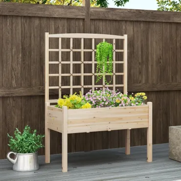Raised Garden Bed with Lattice Trellis, 4 Drainage Holes, Wooden Elevated Planter Box with Legs for Climbing Vine, Customized
