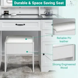 47 Farmhouse Makeup Vanity with Sliding Mirror, Glass Top Organizer, 3-Color LED Lights, Charging Station