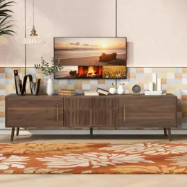 Mid-Century Modern TV Stand, Entertainment Center with 2 Doors and 2 Fluted-Drawers, Media Console for TVs up to 80 Inch