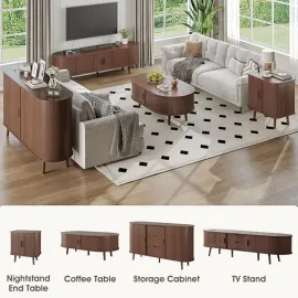 69 Mid Century Modern TV Stand with Power Outlet, Farmhouse Curved Edge TV and Media Console Table with Drawer