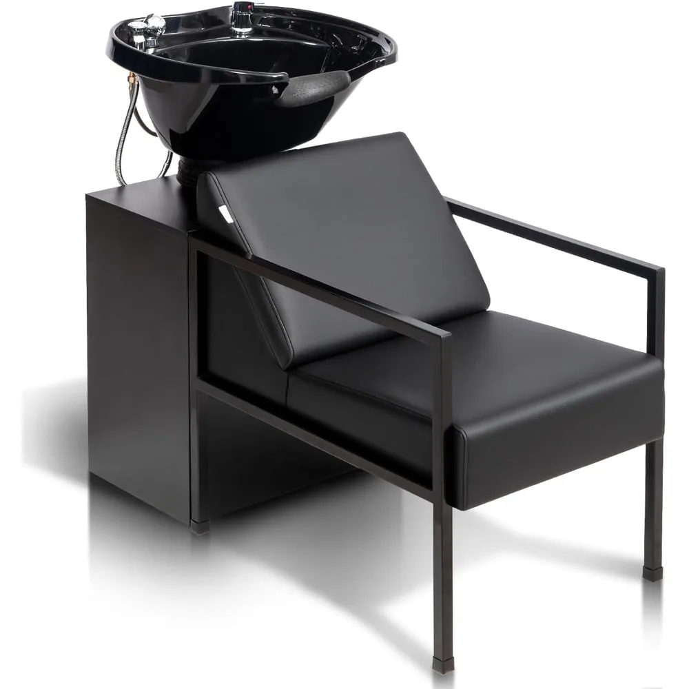 Salon Shampoo Bowl and Chair, Hair Washing Station w/Tilting Sink & Storage Cabinet, Backwash Barber Chair