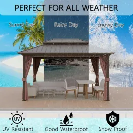 Gazebo 10' x 10', Outdoor Aluminum Frame Galvanized Steel Double Roof Pavilion with Netting and Shaded Curtains