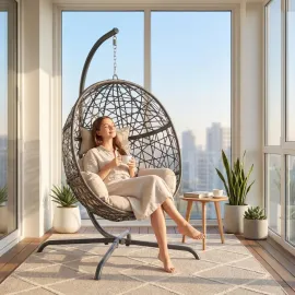 Oversized Hanging Egg Chair with Stand, Indoor Outdoor Grey Wicker Bird Cage Swing Chair, Patio Hammock Swinging, Customized