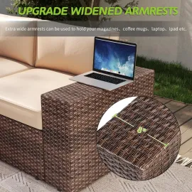 7 Piece Patio Furniture Set with 44 Inch Fire Pit Table Outdoor Wicker Parlor Set with Thick Cushions