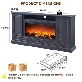 Fireplace TV Stand for 80 Inch TV, 35.7 Tall Farmhouse Entertainment Center W/36'' Electric Fireplace, Media Console