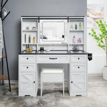 47 Farmhouse Makeup Vanity with Sliding Mirror, Glass Top Organizer, 3-Color LED Lights, Charging Station