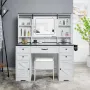 47 Farmhouse Makeup Vanity with Sliding Mirror, Glass Top Organizer, 3-Color LED Lights, Charging Station