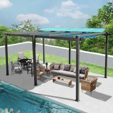 Outdoor Living 11’ X 16’ Outdoor Retractable Pergola with Weather-Resistant Canopy Aluminum Garden Pergola Patio Grill Gaze