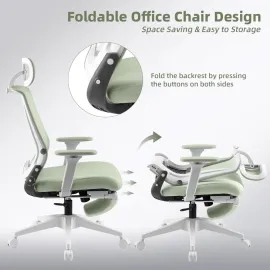 Foldable Office Chair with Footrest, Ergonomic Office Chair with Adjustable Lumbar Support, Headrest and Armrests, Green