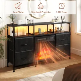 Fireplace TV Stand with 4 Fabric Drawers, TV Stand Dresser with Power Outlets and LED Lights, Fireplace Entertainment Center