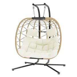 Double Swing Egg Chair with Stand, Oversized 2 Person Indoor Outdoor Wicker Patio Basket Hanging Chair with Beige, Customized