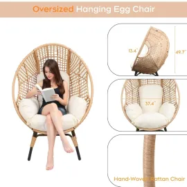Oversized Patio Egg Chair with Waterproof Cushions, Outdoor Wicker Egg Chair, 500 LBS Capacity All-Weather Rattan, Customized