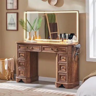 Makeup Vanity Desk with 48 HD Lighted Mirror, Farmhouse Vanity Desk with 8 Drawers, Vanity Table with 3 Color Modes
