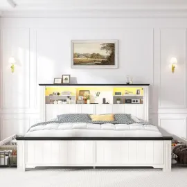 Queen Bed Frame with Headboard and Storage, LED and USB Queen Bed Frame with Storage, White