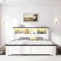 Queen Bed Frame with Headboard and Storage, LED and USB Queen Bed Frame with Storage, White