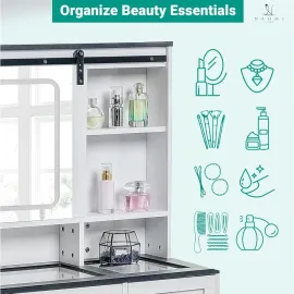 47 Farmhouse Makeup Vanity with Sliding Mirror, Glass Top Organizer, 3-Color LED Lights, Charging Station