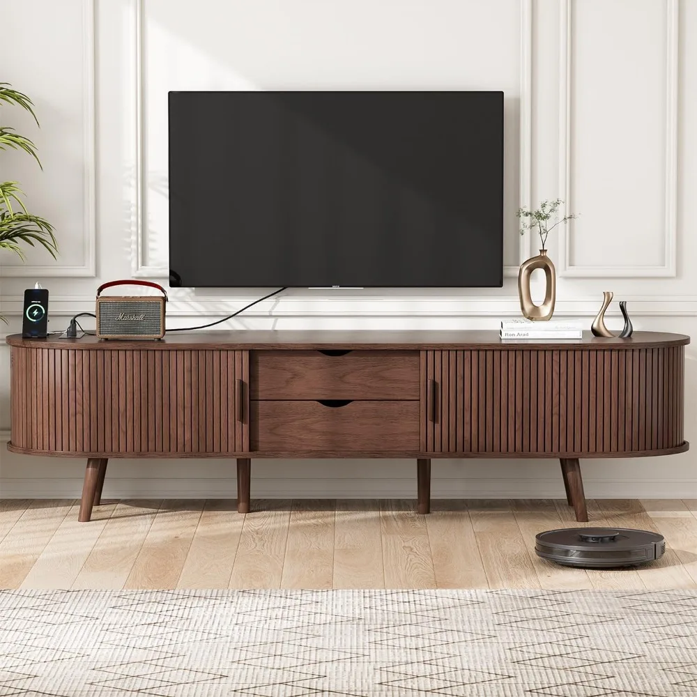 69 Mid Century Modern TV Stand with Power Outlet, Farmhouse Curved Edge TV and Media Console Table with Drawer
