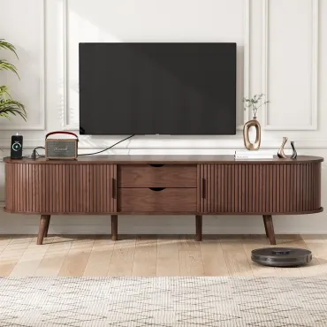 69 Mid Century Modern TV Stand with Power Outlet, Farmhouse Curved Edge TV and Media Console Table with Drawer