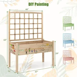 Raised Garden Bed with Lattice Trellis, 4 Drainage Holes, Wooden Elevated Planter Box with Legs for Climbing Vine, Customized