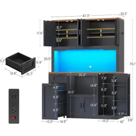 71 Pantry Cabinet with Charging Station and LED Light, Kitchen Pantry Cabinet with Microwave Stand, 47.2 Wide Kitchen