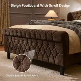 Sleigh Queen Bed Frame with Wingback Headboard, Chenille Upholstered Bed Frame Queen Size with Button Tufted Scroll, Customized