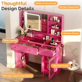 Vanity Desk with Sliding Mirror and Lights, Glass Top Makeup Vanity Table w/Glass Cabinets w/Hidden Jewelry Storage