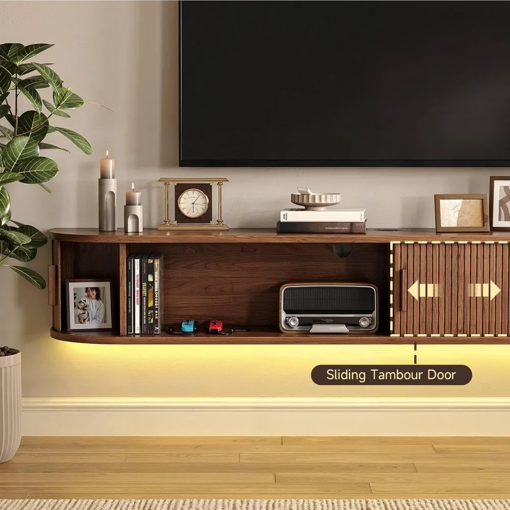 71 Floating TV Stand with Power Outlet for TVs up to 80, Fluted Entertainment Center with Remote Control for LED Lights