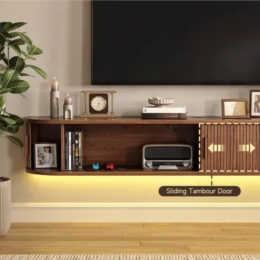 71 Floating TV Stand with Power Outlet for TVs up to 80, Fluted Entertainment Center with Remote Control for LED Lights